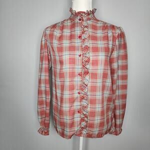 Vintage Plaid High Neck Button Up Blouse Women's Size XS Small